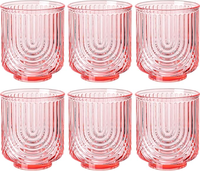 Pink Vintage Drinking Glasses Set of 6-15oz Hand-Blown Highball Ribbed Glassware by TrophyToast