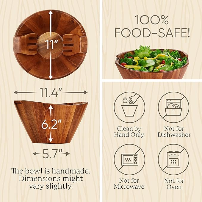 Night Tree Large wooden salad bowl with serving forks mixing, wood salad bowl set for food or fruits, magnetic utensils fit for 6–8 servings, ideal to family meals or as a unique gift