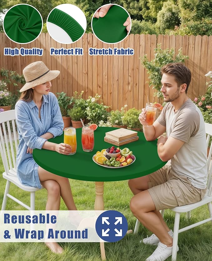 Round Spandex Tablecloth, Elastic Fitted Waterproof Tablecloths for 31"-35" Tables, Stretch Washable Picnic Table Cover for Camping, Dining, Indoor and Outdoor, Emerald Green