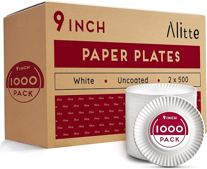 9-Inch Disposable Paper Plates - 1000 Count - Bulk Pack of Uncoated Paper Plates for Everyday Use - Dinnerware for Meals, Parties And Picnics