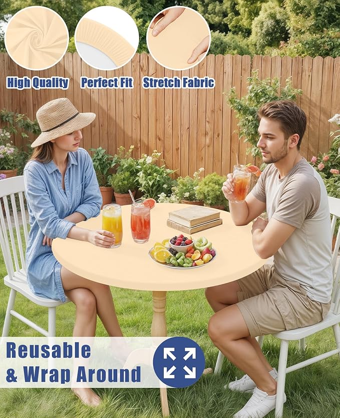Round Spandex Tablecloth, Elastic Fitted Waterproof Tablecloths for 31"-35" Tables, Stretch Washable Picnic Table Cover for Camping, Dining, Indoor and Outdoor,Ivory