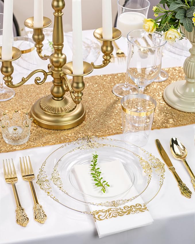 Nervure 350Pcs Clear Gold Plastic Plates, Dinnerware Sets - Image 8