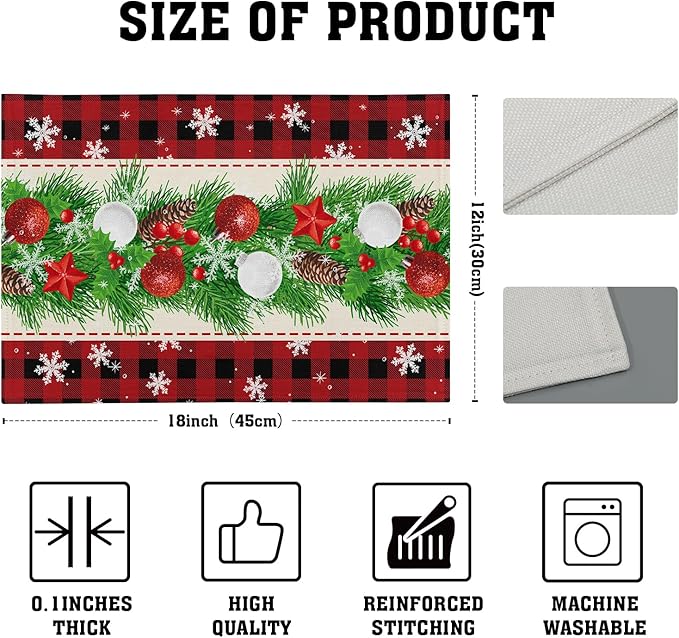 Christmas Placemats Set of 4 - Xmas Bells Place Mat 12x18 Inch Buffalo Plaid Pinecone Table Mat for Party Kitchen Dining Home Holiday Party Decor