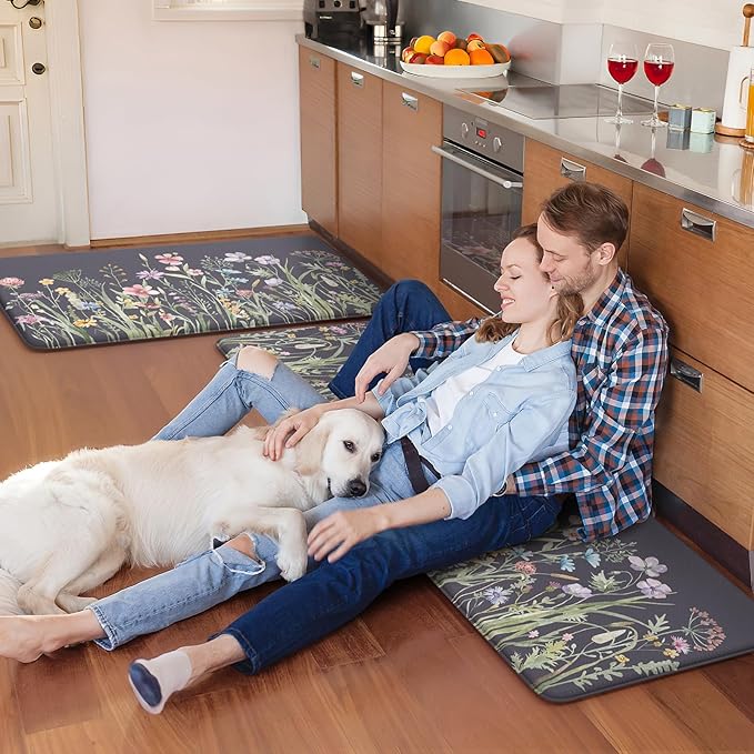 KIMODE Anti Fatigue Kitchen Mat, Farmhouse Floral Kitchen Rugs, Kitchen Floor Mats Non-Slip,Comfort Kitchen Mats for Floor Sink, Laundry, Office, Desk Dark Grey/Purple 17"x47"+17"x29"