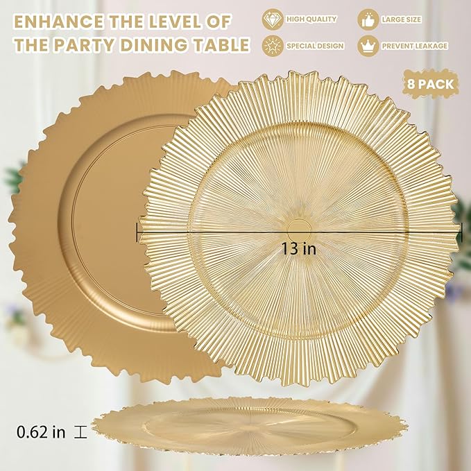 LIYH 8 Pcs Gold Chargers Plates 13 Inch - Gold Chargers for Dinner Plates, Irregular Design Heavy-Duty Plate Charger Bulk, Suitable for Wedding & Party- Stackable