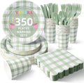 Vyntra 350 Pcs Sage Green Gingham Paper Plates and Napkins Set by PartyTablewareSupplies