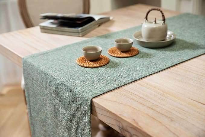 Burlap Style Farmhouse Table Runner, 14x60 Inches Mineral Green | Thick Durable - Image 4