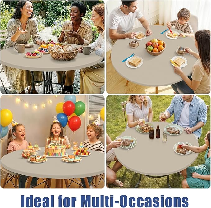 Round Spandex Tablecloth, Elastic Fitted Waterproof Tablecloths for 45"-56" Tables, Stretch Washable Picnic Table Cover for Camping, Dining, Indoor and Outdoor, Taupe