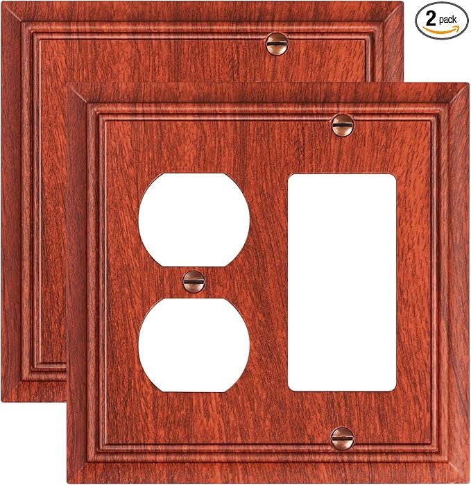 2-Pack Combo Duplex/Decorator Outlet Cover Plate, Wood Grain Decorative Switch Plates Covers, Durable Natural Bamboo Fiber Wall Plates for Electrical Outlets, Receptacle, GFCI Outlet, Dimmer Switch
