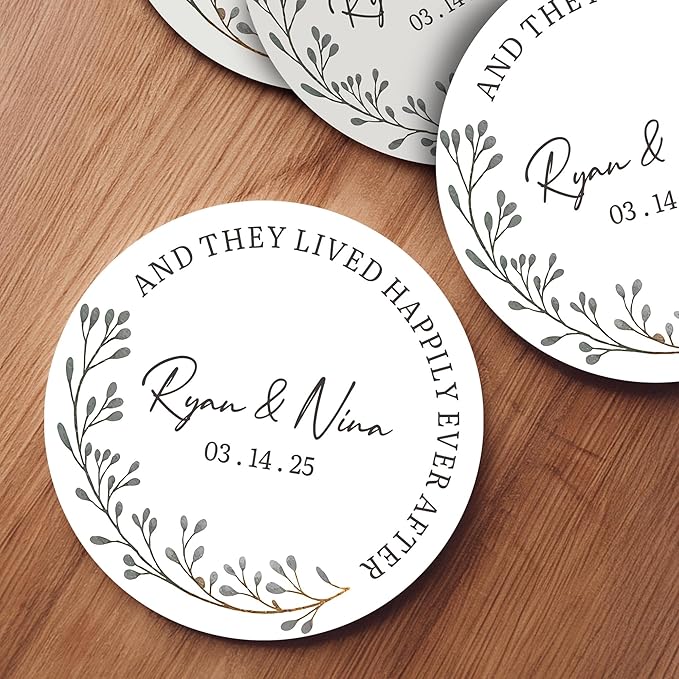 100 Pack Personalized Wedding Coasters, Custom Cardboard Coasters for Drinks with Photo Print and Text, Keepsake Wedding Favors and Gifts for Couples, 3.95" Round (Design 2)