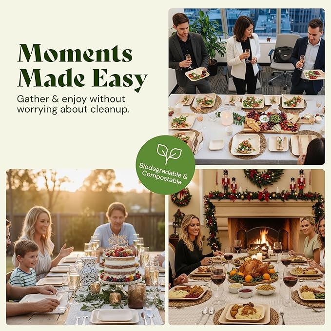 Chic Leaf Palm Leaf Plates Disposable Inch Square Pack Compostable Biodegradable & Eco Friendly Plates, Romantic Valentine's Day Table Setting Microwave Safe Disposable (10'' - 25 Pack)