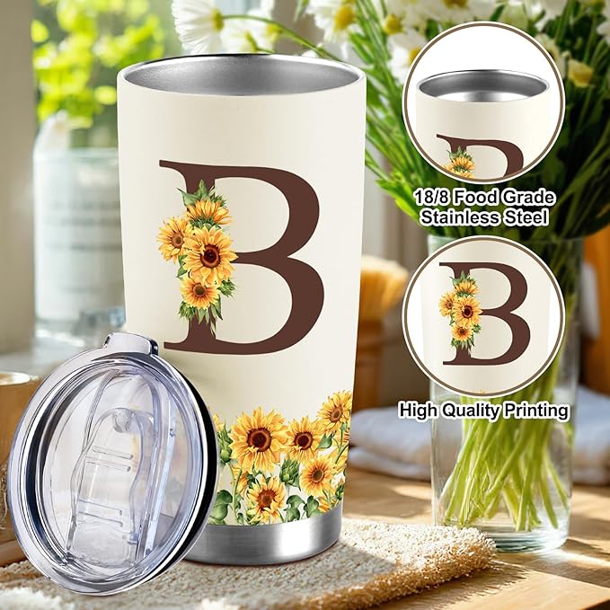 Sunflower Gifts for Women - Personalized Christmas Gifts for Women - Birthday Gift for Woman - Mothers Day Gift for Mom - Monogrammed, Initial 20oz Travel Cup Insulated Tumbler with Lid, B
