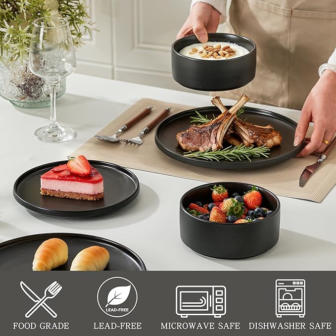 Stoneware Dinner Plates Set of 4, 10.25 Inch Plates for Steak, Pasta, Ceramic Plates Sets, Microwave Safe, Dishwasher Safe, Versatile for All Seasons, Matte Black