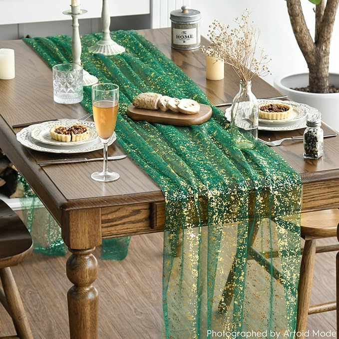 Artoid Mode Green Gold Gauze Table Runner 59x120 Inch 10FT, Glitter Metallic Foil Sheer Dining Wedding Anniversary Holiday Table Decor for Home Party
