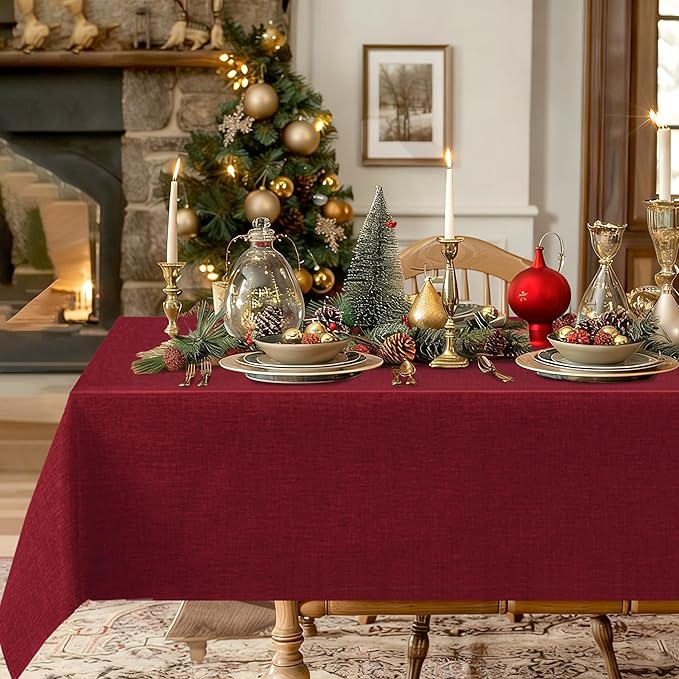 Hiasan Faux Linen Square Tablecloth - Wrinkle and Stain Resistant Washable Table Cloth for Kitchen Dining Room Holiday Table Cover for Dinner, Red, 70 x 70 Inch