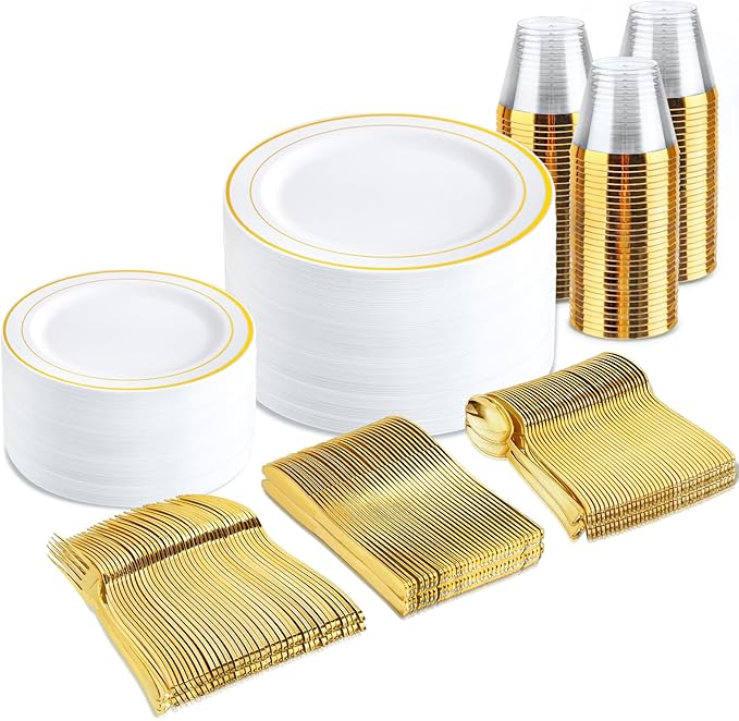bUCLA 300PCS Gold Disposable Dinnerware Set - White and Gold Plastic Plates - Include 50 Each (Dinner&Dessert) Plates,50 Knives,50 Forks,50 Spoons,50 Cups for Party