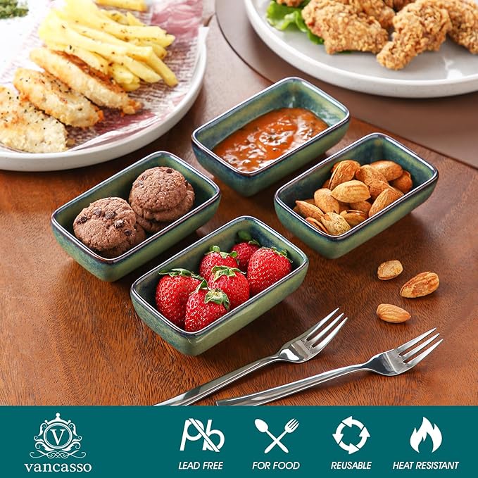 vancasso Stern 6 Oz Dipping Bowls, 4.5 Inches Ceramic Soy Sauce Dish, Rectangular Side Dishes, Small Appetizer Plates Set of 4, Green