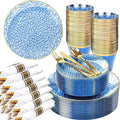 Rubtlamp 100 Guest Blue Gold Plastic Dinnerware Set,Clear Blue Disposable With Gold Rim, Hammer Fancy Party Plates Include 100Dinner Platos,100Cake Platos,100Cups,100 Pre Rolled gold Cutlery