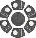 SHACOS Round Table Placemats Set of 7 Wedge Shaped Place Mat with Centerpiece Round Mat Heat Resistant Table Mats Washable (7, Black Gray)