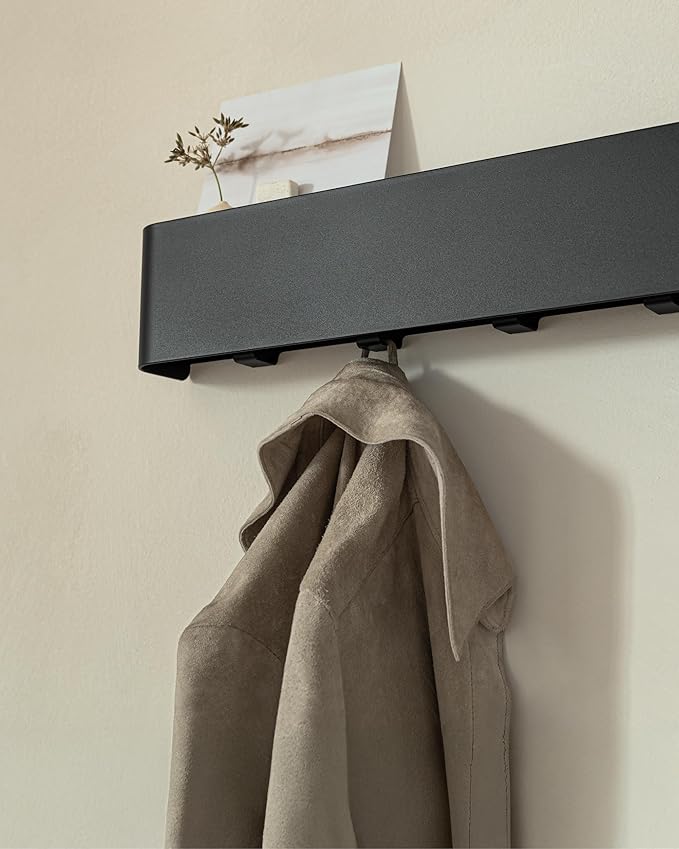 Kazai.® Coat Rack Wall Mount with Shelf 'Tone' | Modern Design Coat Hanger with Hidden Hooks and Storage | Hat Rack with Shelf in Metal | Wall-Mounted Purse Organizer | Black