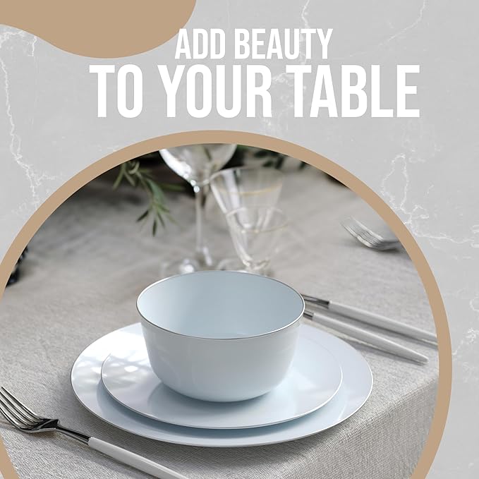 Trendables Disposable 24 Oz Bowls - 20-Piece Set - Sage Silver Rimmed Fancy Serving & Salad Bowls - Perfect for Ice Cream & Candy