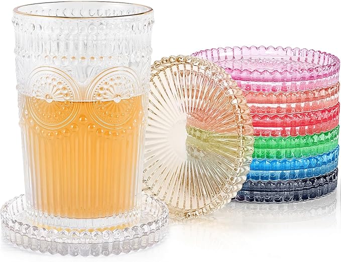 Vintage Glass Coasters, GOH DODD Set of 8 Crystal Coasters Tabletop Protection for Drinks, Home Decor, Kitchen, Living Room, Patio, Wedding, Party, Housewarming Gifts, Mixed Colors