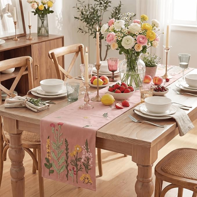 Artoid Mode Pink Soft Chain Embroidery Wild Floral Spring Table Runner - Image 5