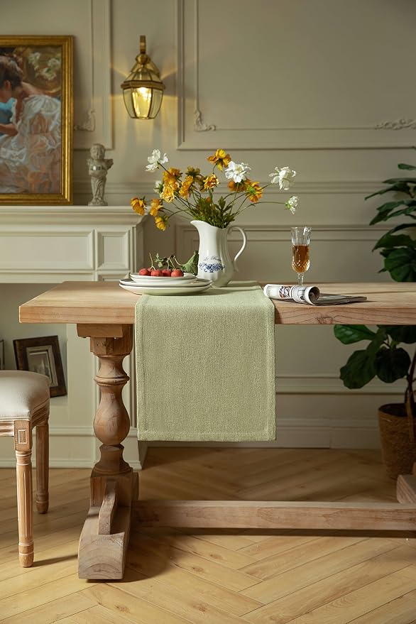 Burlap Style Farmhouse Table Runner, 14x90 Inches Light Sage Green | Thick - Image 2