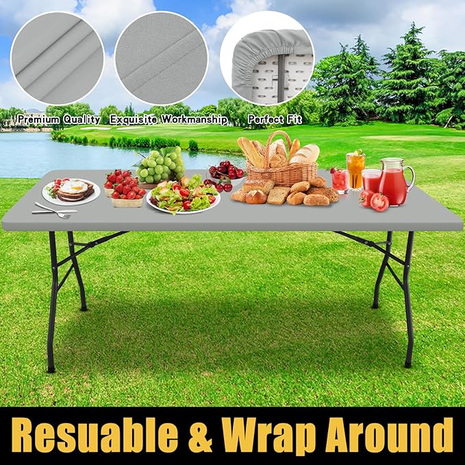 Smiry Rectangle Picnic Table Cloth, Waterproof Elastic Fitted Tablecloths for 8 Foot Tables, Washable Polyester Table Cover for Camping, Outdoor and Indoor (Light Grey, 30"x96")