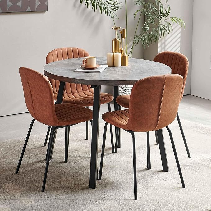 Round Dining Table Set for 4 with PU Leather Chairs - Modern Kitchen Table and Chairs Set for Small Spaces - Brown