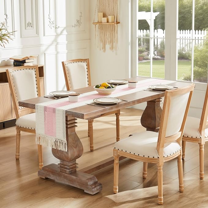 Macrame Style Bicolor Stitching Table Runner 14x90in Light Pink | Woven Boho - Image 2