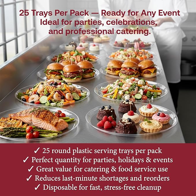 Smarty Had A Party 18 Inch Clear Round Plastic Serving Tray – Elegant Large Plastic Serving Trays for Parties, Catering & Buffets, Heavy-Duty Disposable Party Platters – Set of 25
