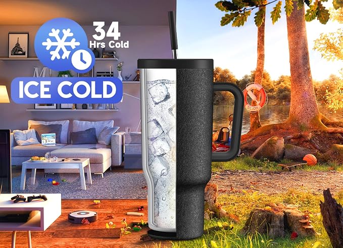 Meoky 40oz Tumbler with Handle, Leak-proof Lid and Straw, Insulated Coffee Mug - Image 2