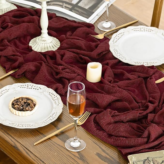 Artoid Mode 6PC Boho Cheesecloth Gauze Burgundy Wedding Table Runner, 120 Inch - Image 2