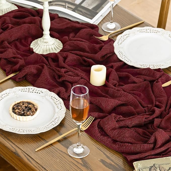 Artoid Mode 3PC Boho Cheesecloth Gauze Burgundy Wedding Table Runner, 120 Inch - Image 2