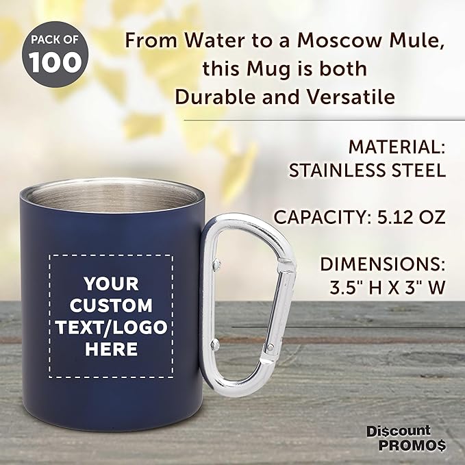 Custom Stainless Steel Mugs with Carabiner Handle 10 oz. Set of 100, Personalized Bulk Pack - Perfect for Coffee, Soda, Other Hot & Cold Beverages - Navy Blue