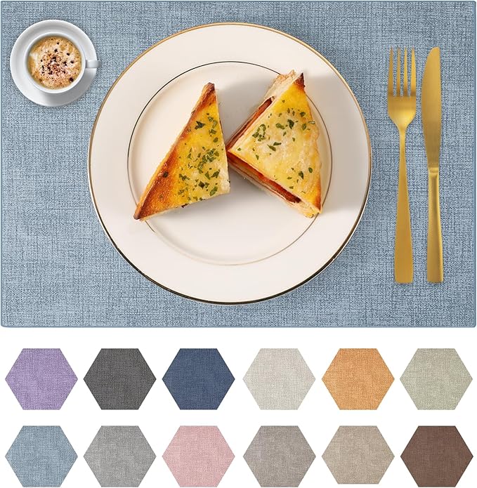 Faux Leather Placemats Set of 8 Washable PU Table mats for Kitchen Table - Heat Resistant, Waterproof, Easy Clean, Anti Slip 11.8" x 17" (Light Blue-8 Pack)