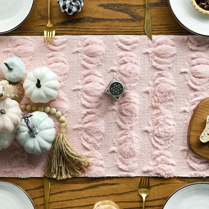 Artoid Mode Pink Soft Faux Fur Pumpkins Fall Table Runner 13x72 Inch | Seasonal - Image 2