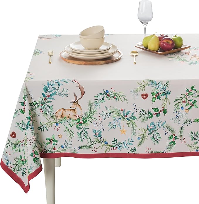 Maison d' Hermine Table Cloth Rectangle Table 100% Cotton 70 x 108 Inches Fall Tablecloth Reusable Everyday Use for Thanksgiving Christmas Decorations Dining Farmhouse Party (Holly Time)