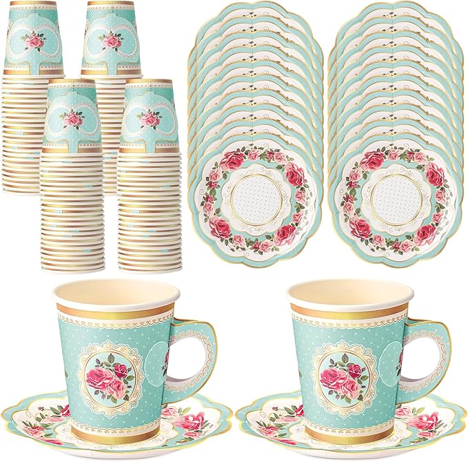 Tioncy 100 Pcs Tea Party Decorations Include 50 Pieces 9 oz Paper Tea Cups by Tioncy