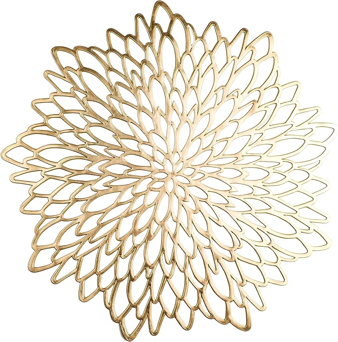 Snowkingdom Pack of 18 Gold Metallic Round Placemats Bulk Pressed Vinyl Leaf Dinning Kitchen Table Mats Decorations Setting for Christmas Wedding Thanksgiving Party Event Holiday Autumn Harvest