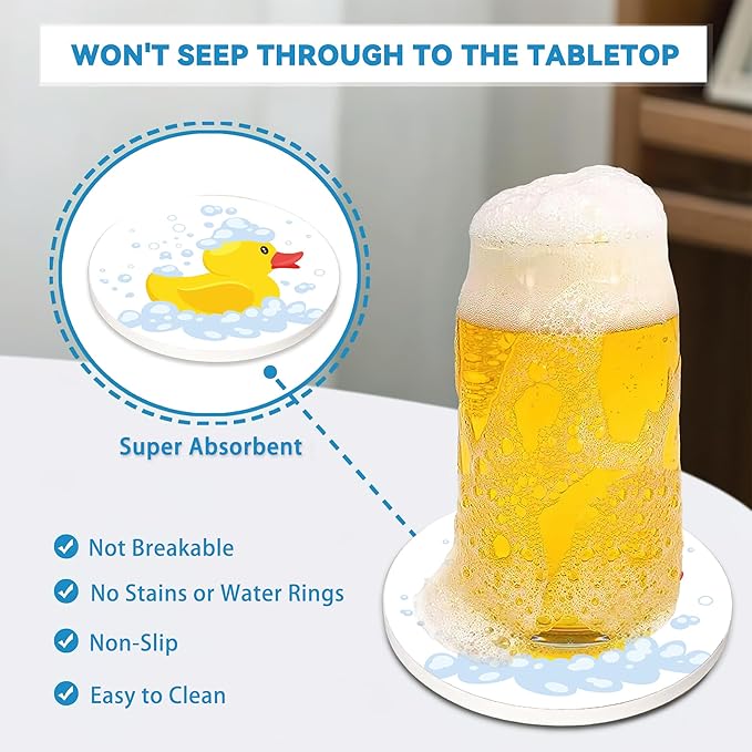 Drinks Coasters Set of 4, Yellow Duck Round 4" Cup Coasters, Absorbent Ceramic Stone Coasters with Cork Base, Cute Coasters for Table Home Décor, Ideal Gifts for Women Men