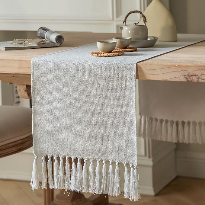 Light Grey Table Runners 108 Inches Long, Burlap Linen Style Rustic Farmhouse by ZEEMARTONLINE
