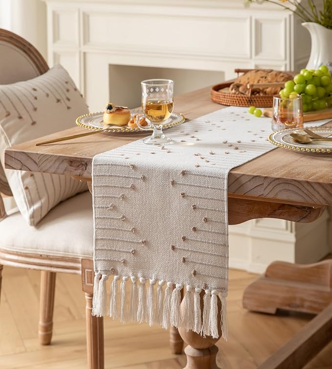 Boho Table Runner 13 x 108 Inch Long Natural Cotton Woven Runner - Image 2