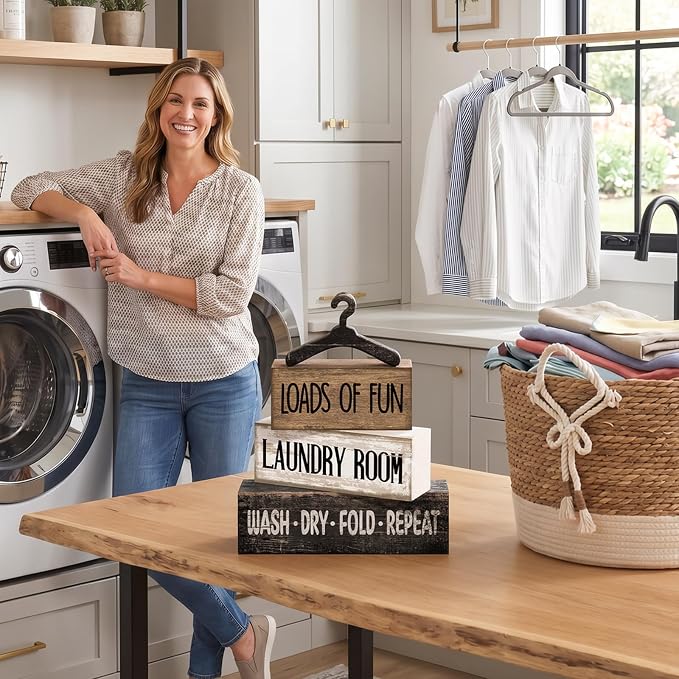 Moucuny 4 Pcs Farmhouse Laundry Room Decor and Accessories Stacked Blocks Loads - Image 4