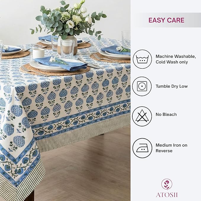 ATOSII Roma Blue 100% Cotton Boho Rectangle Fall Tablecloth, Handblock Floral Print Table Cloth Linen for Kitchen Dining I Parties, Outdoors, Weddings, Christmas, Thanksgiving Decor 60 X 108 Inches