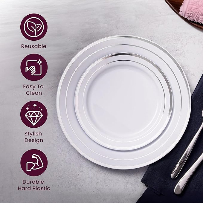 Aya's 60 Silver Rimmed Plastic Plates for Party, Heavy Duty Disposable Plate Set of 30 Dinner and 30 Dessert Plates for Weddings and Special Events, Fancy Disposable Tableware