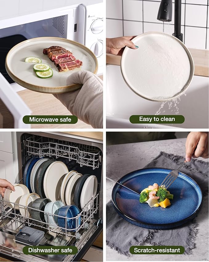famiware Star Dinnerware Sets, Plates and Bowls Set for 4, 12 Pieces Ribbed Dishes - Chip and Scratch Resistant, Microwave and Dishwasher Safe Tableware, Cappuccino White