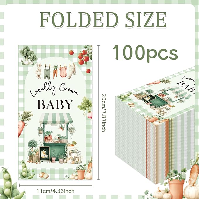 Locally Grown Baby Shower Decorations - 100 Pcs Farmers Market Vegetable Paper Disposable Party Napkins Sets Bulk Dinner Decorative Guest Table Supplies Decor for Gender Reveal 7.9 x 4.3 In
