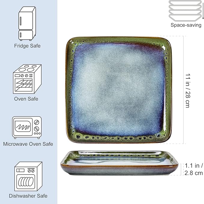HENXFEN LEAD Square Ceramic Dinner Plates 11 Inch – Large Stoneware Serving Plates Set of 4 for Steak, Pasta & Salad, Microwave & Dishwasher Safe – Reactive Glaze Green